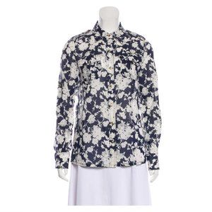 TORY BURCH Navy Blue & White Floral Printed Button-Up Cotton Blouse